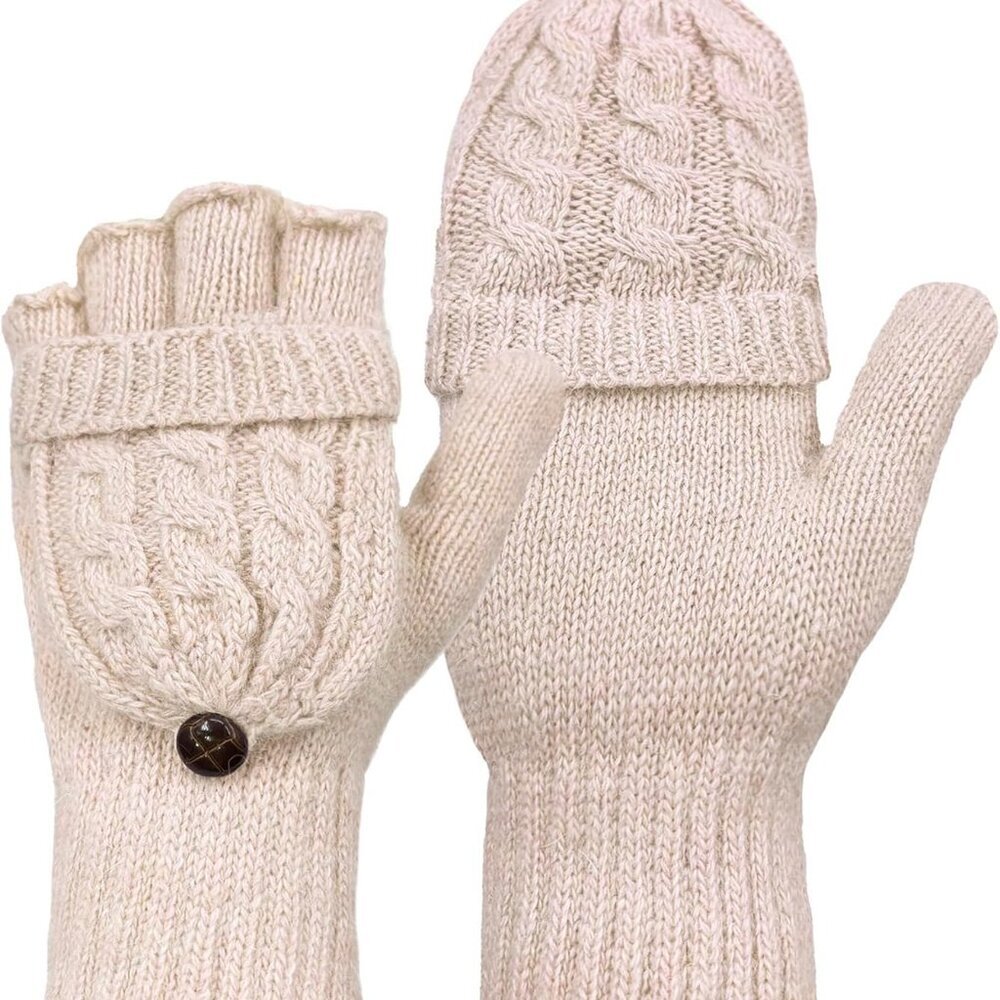 Winter Fingerless Gloves Mittens for Women Men Warm Wool Knitted Convertible Fli
